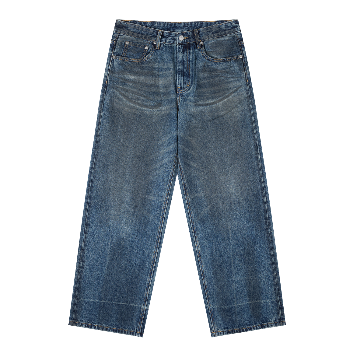 Vintage Wash Baggy Denim Jeans - Night Grid