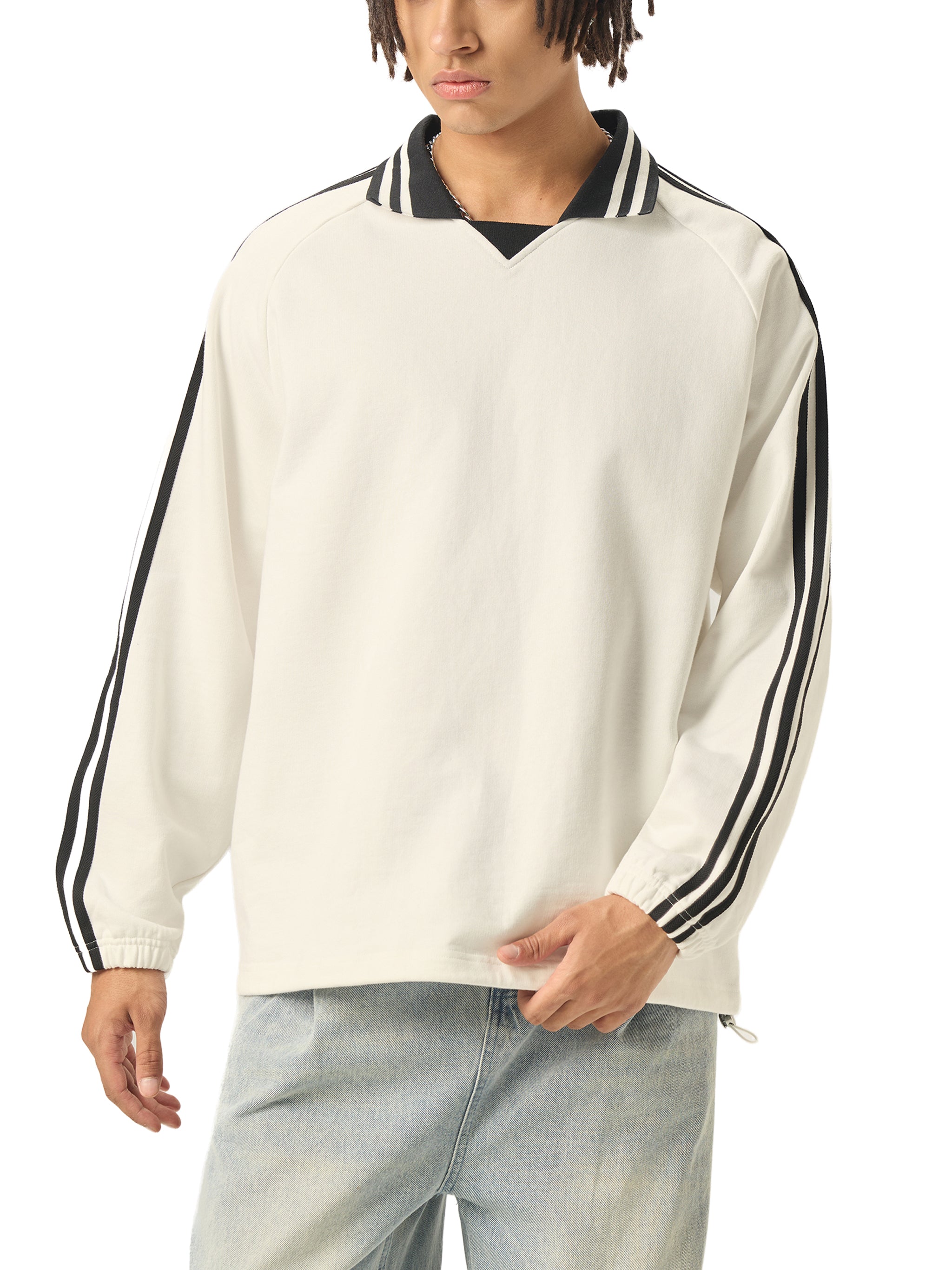 Contrast Striped Lapel Collar Sweatshirt - Lineage